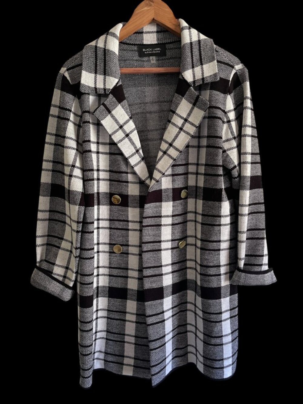 Black Label by Evan-Picone Plaid Double-Breasted Coatigan Long Knit Cardigan